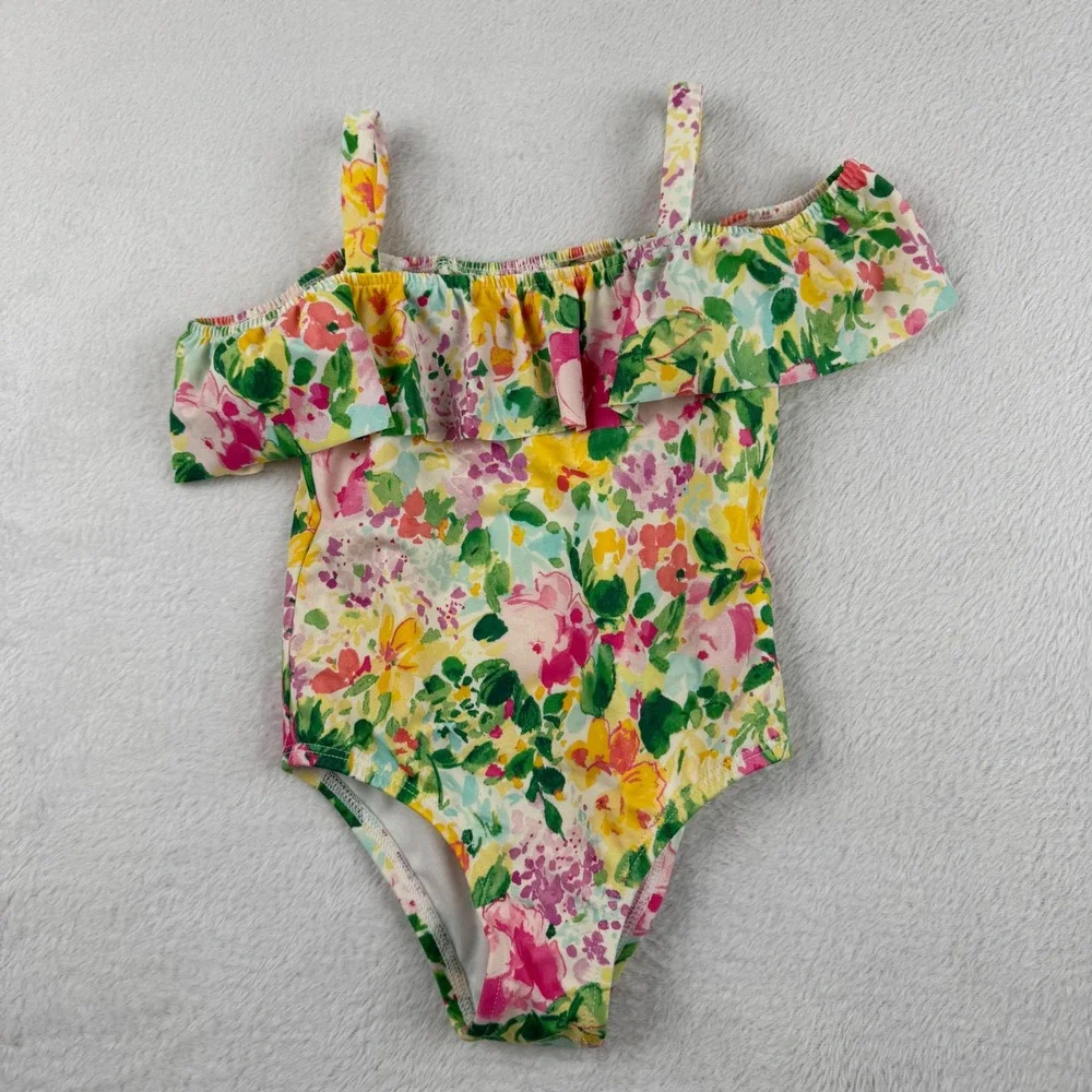Janie and Jack Floral 1 Piece Swimsuit Toddler 2T Multicolor Ruffle Off-Shoulder
